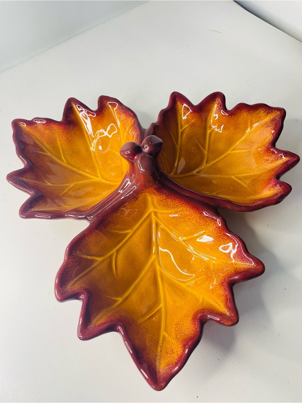 Better Homes And Gardens Glazed Maple Leaf Triple Dish in Yellow and Red